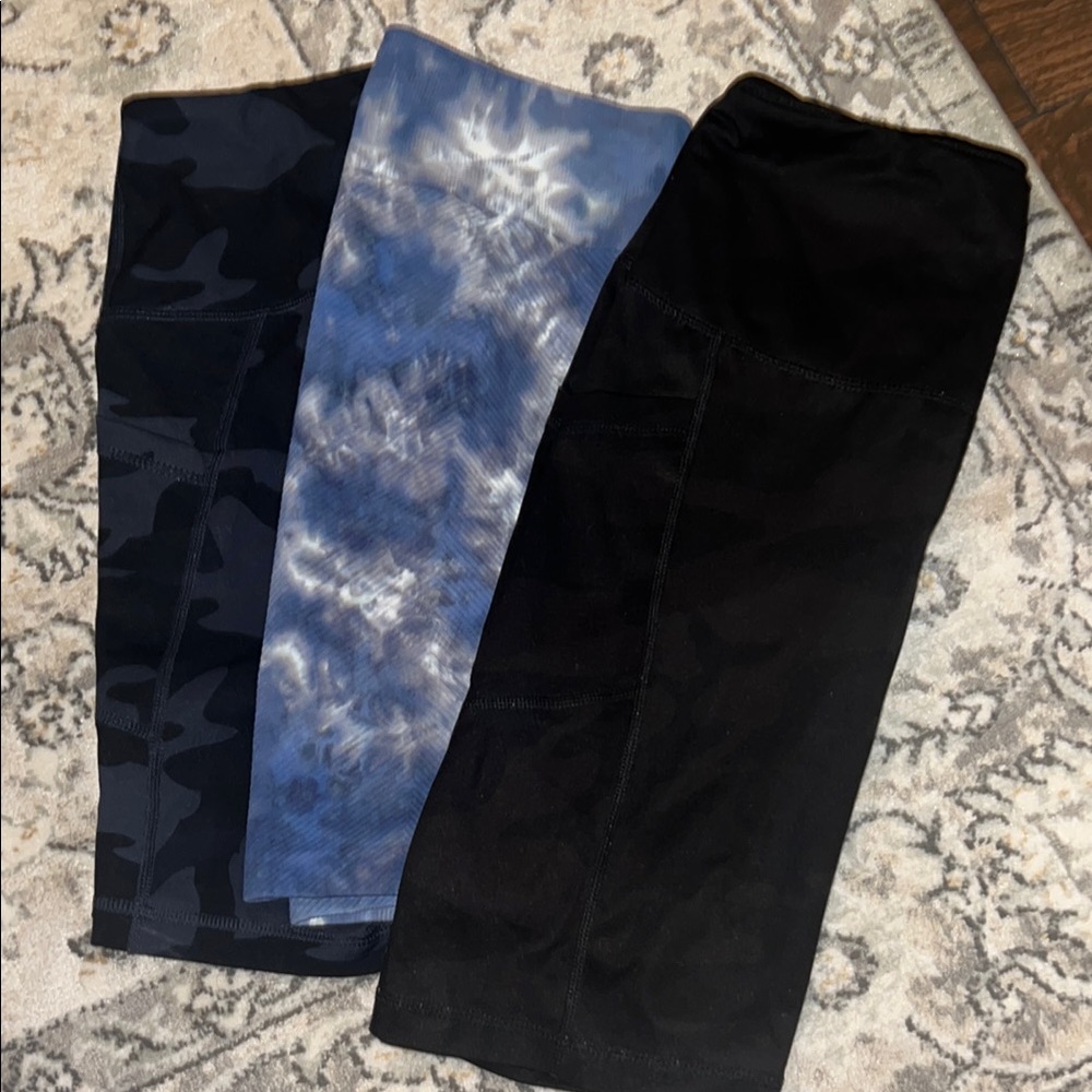 Set of Three Athletic Biker Shorts - Black, Blue Tie-Dye, Camouflage
